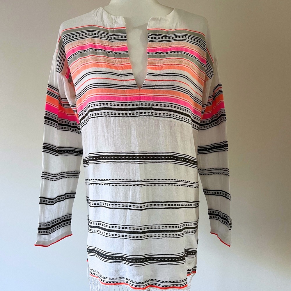 Lemlem Striped V Neck Tunic Top‎ White Pink Orange Gray Black Fringe Hem Size XS